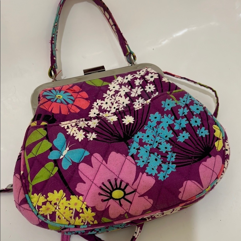 VERA BRADLEY Flutterby Purple Floral‎ Mini Frame Crossbody Quilted Retired Mint - Picture 3 of 8